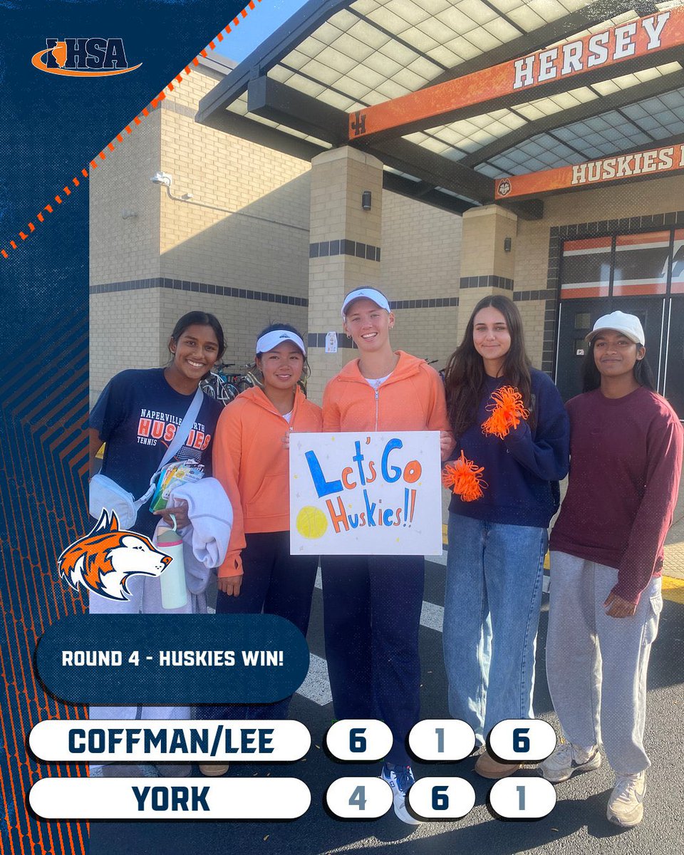 HUSKIES WIN!

Update from Coach Henricksen at <a href="/IHSA_IL/">Illinois High School Association #IHSA</a> Tennis! <a href="/GirlsNnhs/">NNHS Girls Tennis</a> 

Brooke Coffman and Gabby Lee keep it rolling at state. The Huskies doubles team dominates third and deciding set, beating York 6-4, 1-6, 6-1 to advance to the IHSA State semifinals where they will face