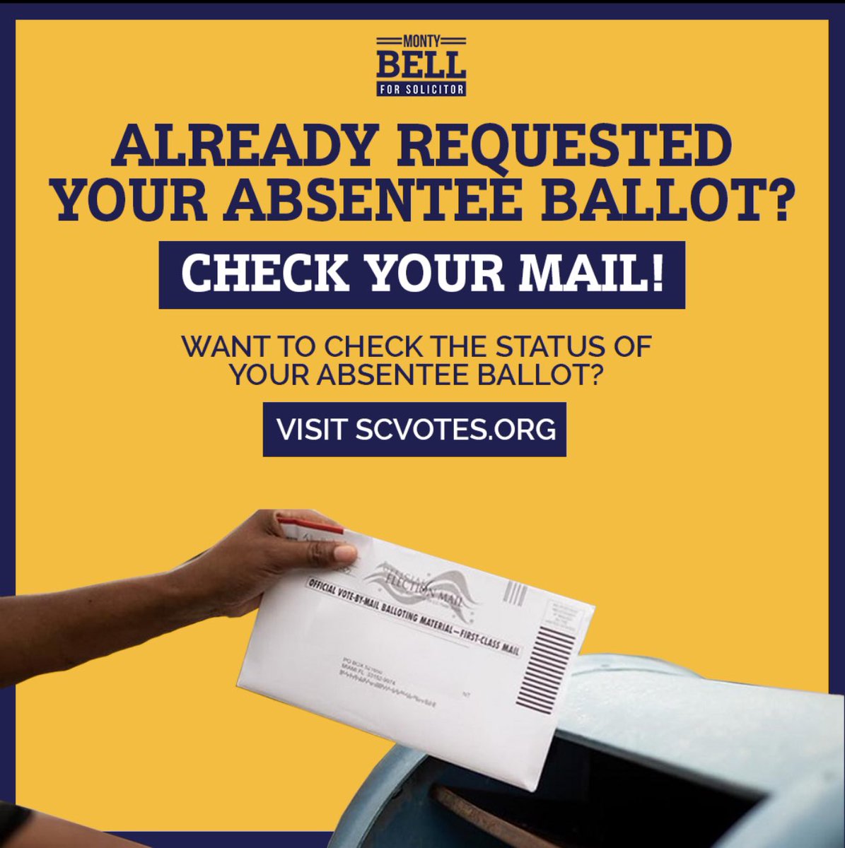 MontybellforSC's tweet photo. Did you request an absentee ballot? Check your mail! You can visit https://t.co/d3I8ABAKDl to track your ballot or request one if you plan to vote absentee in this election. The deadline to return the application is TODAY AT 5:00 p.m. 

#MontyForSolicitor https://t.co/DbpnsPNdsB
