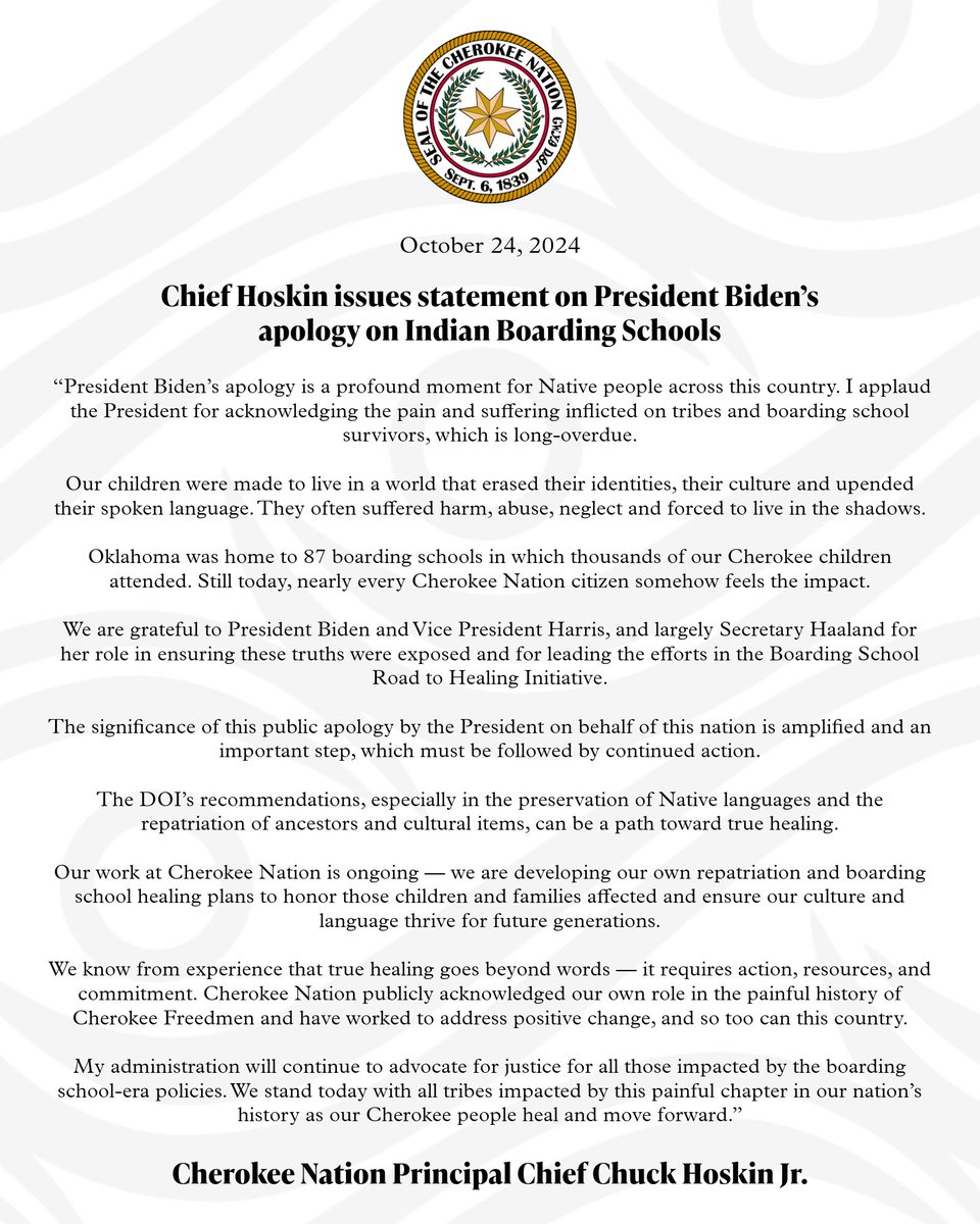 CherokeeNation's tweet image. Cherokee Nation Principal Chief @ChuckHoskin_Jr issued this statement in response to @POTUS' apology today on Indian #BoardingSchools. 

#NativeBoardingSchools #IndianBoardingSchools #TruthAndHealing