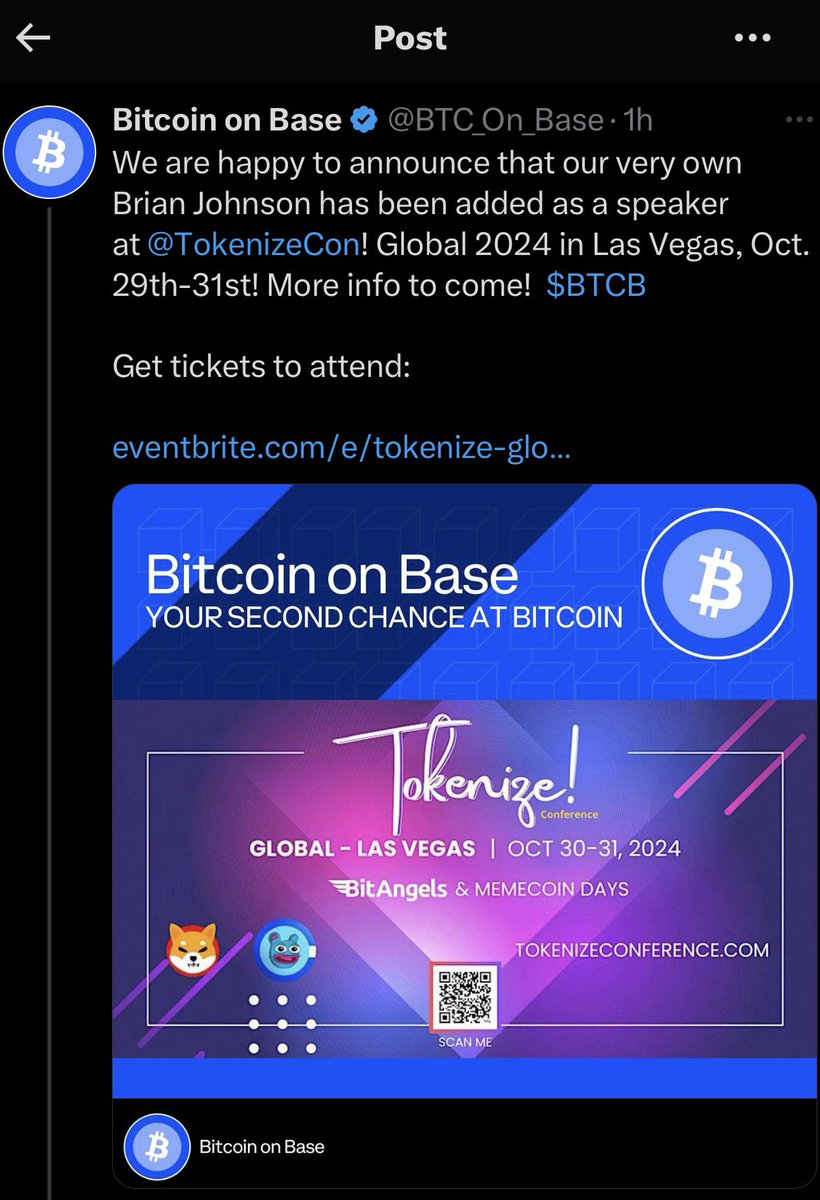 TheLawlers's tweet photo. What do you think the price of Bitcoin on Base is going to be after next week when the project is a speaker at #TokenizeConference in Las Vegas to 250 angel investors with $BRETT and $SHIB
They will be speaking to Founders and CEOs at the forefront of blockchain innovation, sharing groundbreaking developments and industry-shaping insights!
Don’t miss your second chance at Bitcoin!
Just me but I think we go MUCH HIGHER!!
@BTC_On_Base @evergreenfund1 @base @coinbase @CoinbaseWallet @BitAngels