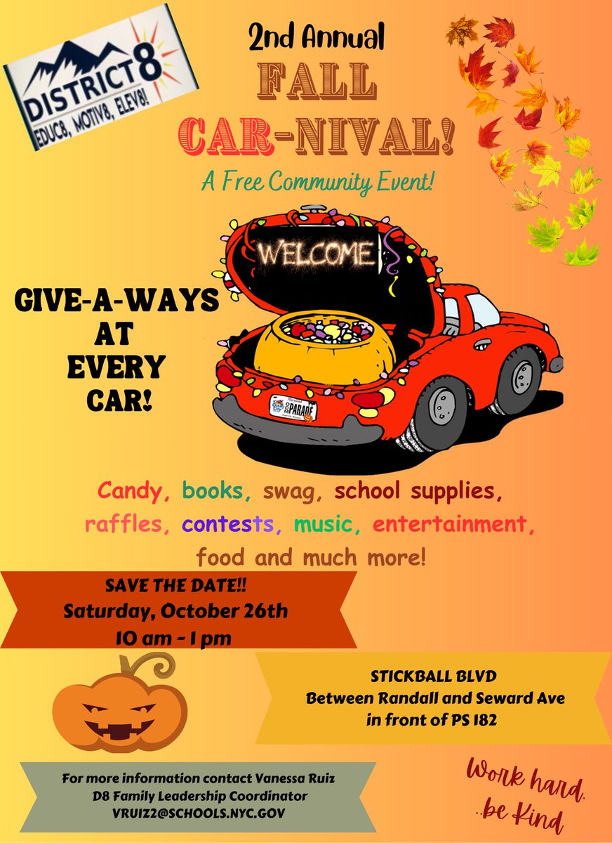 Pop out to the District 8 CAR-nival located on Stickball Blvd 📍
📚🍭🍬🎶🎟️🍕✏️📓✂️