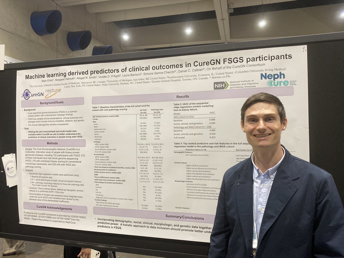 Dr Mark Elliott nephrologist at <a href="/UBCNephrology/">UBC Nephrology</a> <a href="/BCRenal/">BC Renal</a> presenting work with <a href="/CureGn/">CureGN</a> on use of ML in FSGS to integrate clinical, demographic, genetic and pathological data to identify protective and risk predictive factors. 

iAUC of full model 0.95. 

#kidneywk