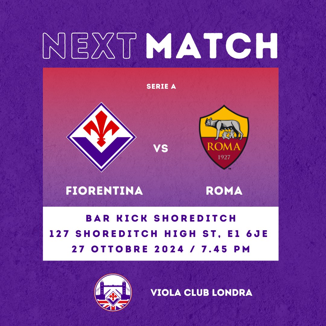ViolaClubLon22's tweet photo. 📍Bar Kick, Shoreditch @WhatsOnBarKick - new location for Sunday! #FiorentinaRoma #ForzaViola #Fiorentina https://t.co/Mv4phqXJcv