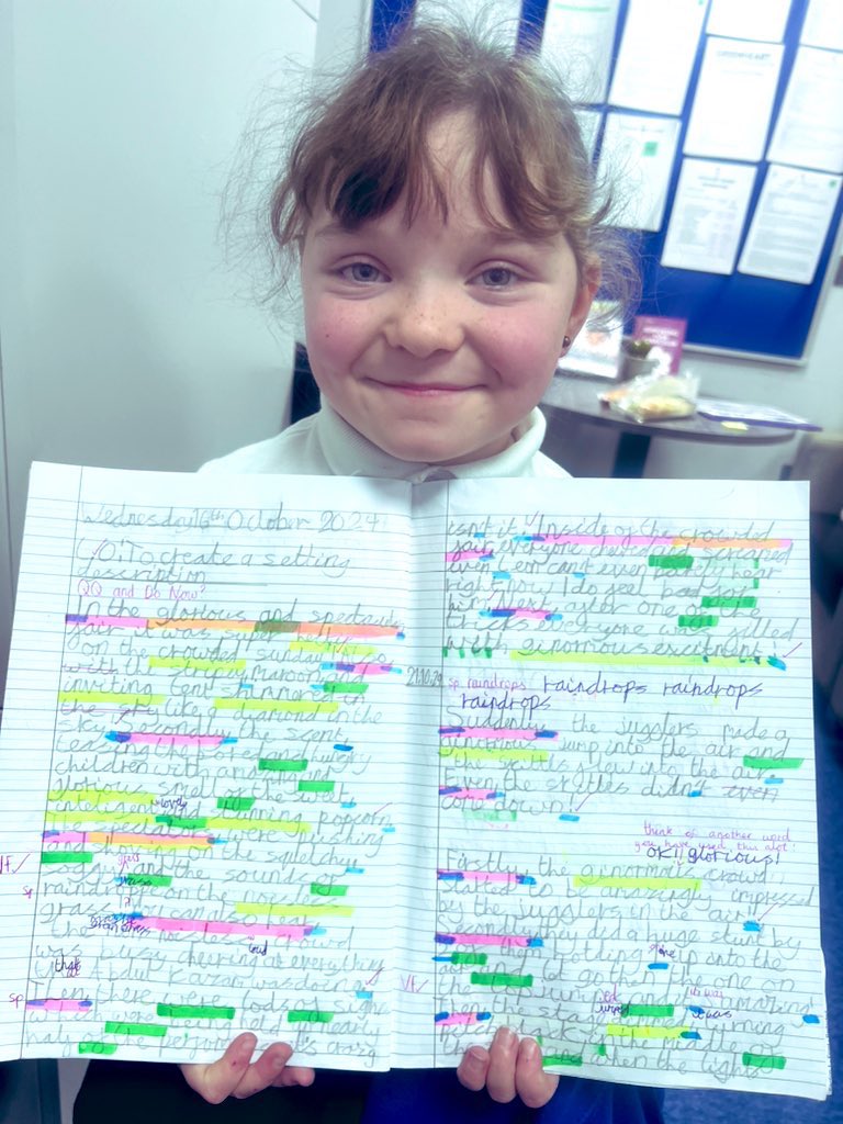 orchardsac's tweet photo. Wow! Year 3 #BigWrite using all of her skills to create an excellent setting description! She uses some excellent Alan Peat sentences! We’re so proud! 💚 @Primarywriting #alanpeat #writing #primary https://t.co/GihELSZLcd