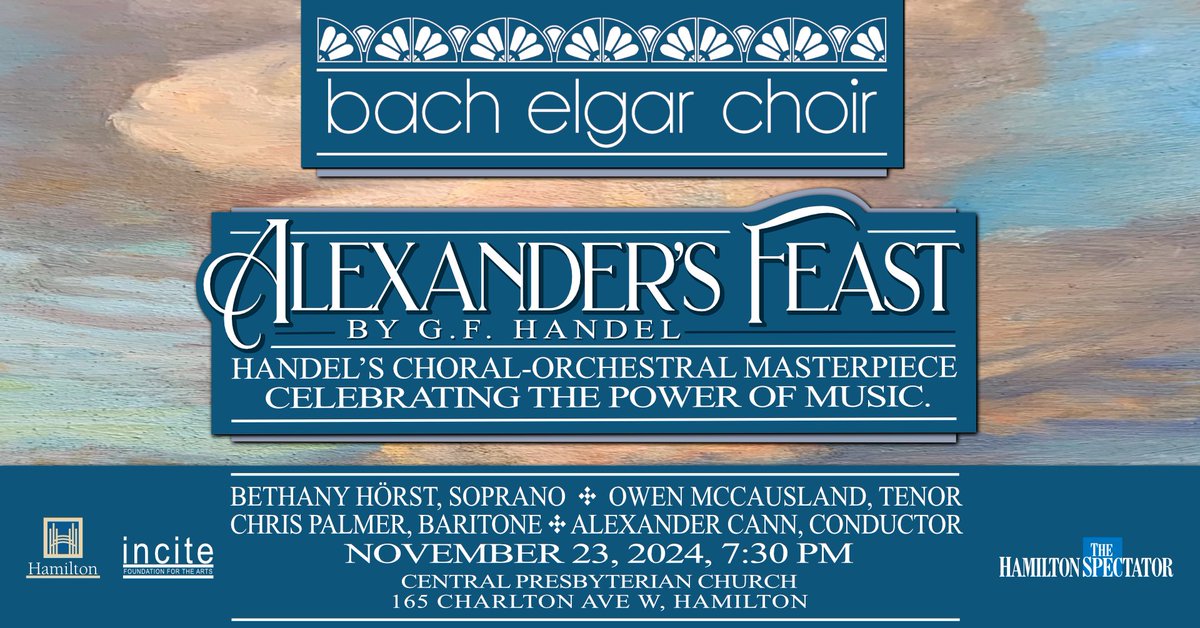 🎶The many rend the skies with loud applause!🎶
Presenting GF Handel's masterpiece celebrating the power of music with members of the <a href="/H_P_O/">Hamilton Philharmonic Orchestra</a>, and soloists Bethany Horst, Owen McCausland, and Chris Palmer. Nov 23 at 7:30 PM at Central Presbyterian Church. 🎫zeffy.com/en-CA/ticketin…
