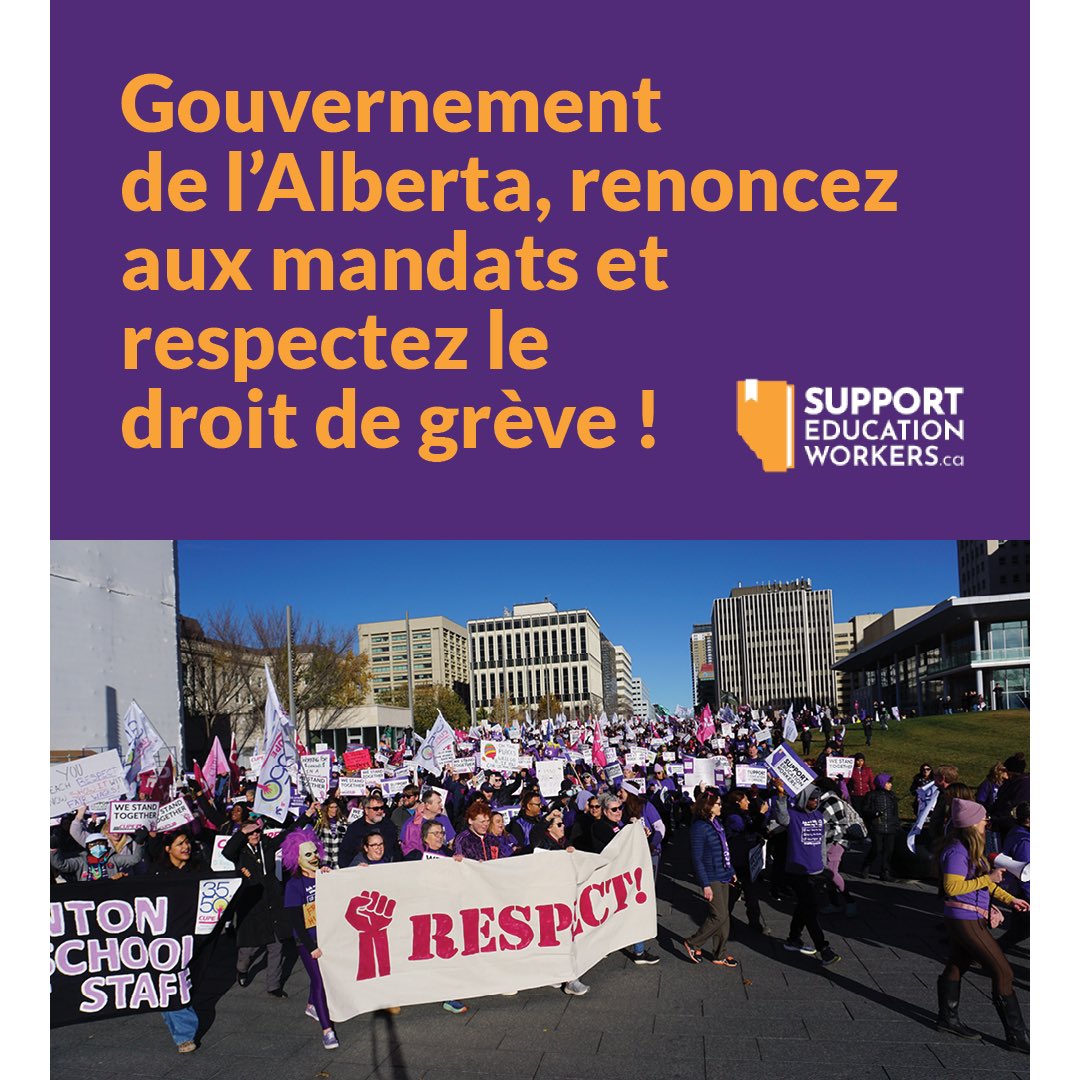 Le personnel de l’éducation en Alberta a besoin de notre soutien. Le gouvernement de l’Alberta s’appuie sur une loi antisyndicale pour retarder une grève légale et imposer des mandats salariaux injustes à la table de négociation. Envoyez une lettre scfp.ca/gouvernement-d…