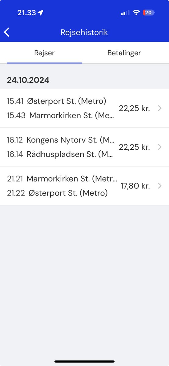 Har jeg misset noget, gjort noget forkert eller skal det koste 44,50 kr at komme fra Østerport til Rådhuspladsen med Metro?
Selv 22,25 kr. for ET stop Østerport - Marmorkirken synes jeg virker dyrt.