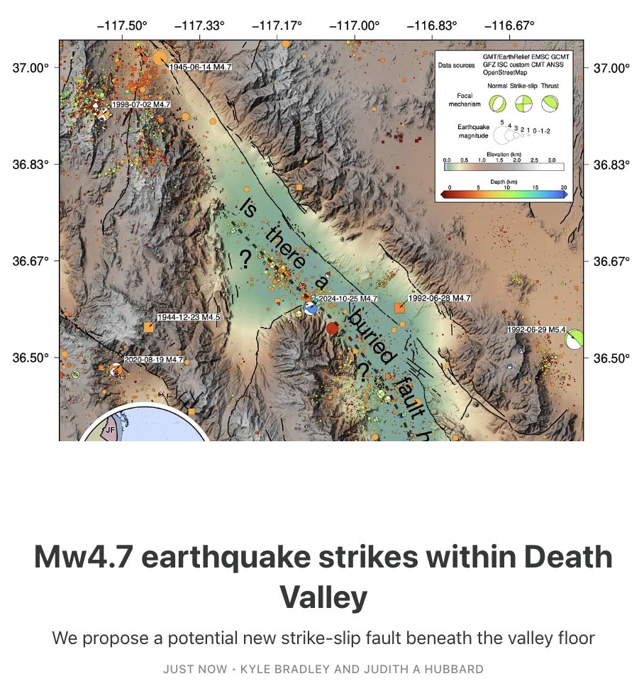 A M4.7 earthquake in Death Valley this morning caused light shaking - one of the biggest quakes ever recorded in the valley.

We look at the data, and find that none of the mapped faults really seem to match. Is there a hidden fault beneath Death Valley?

Read more on our blog.