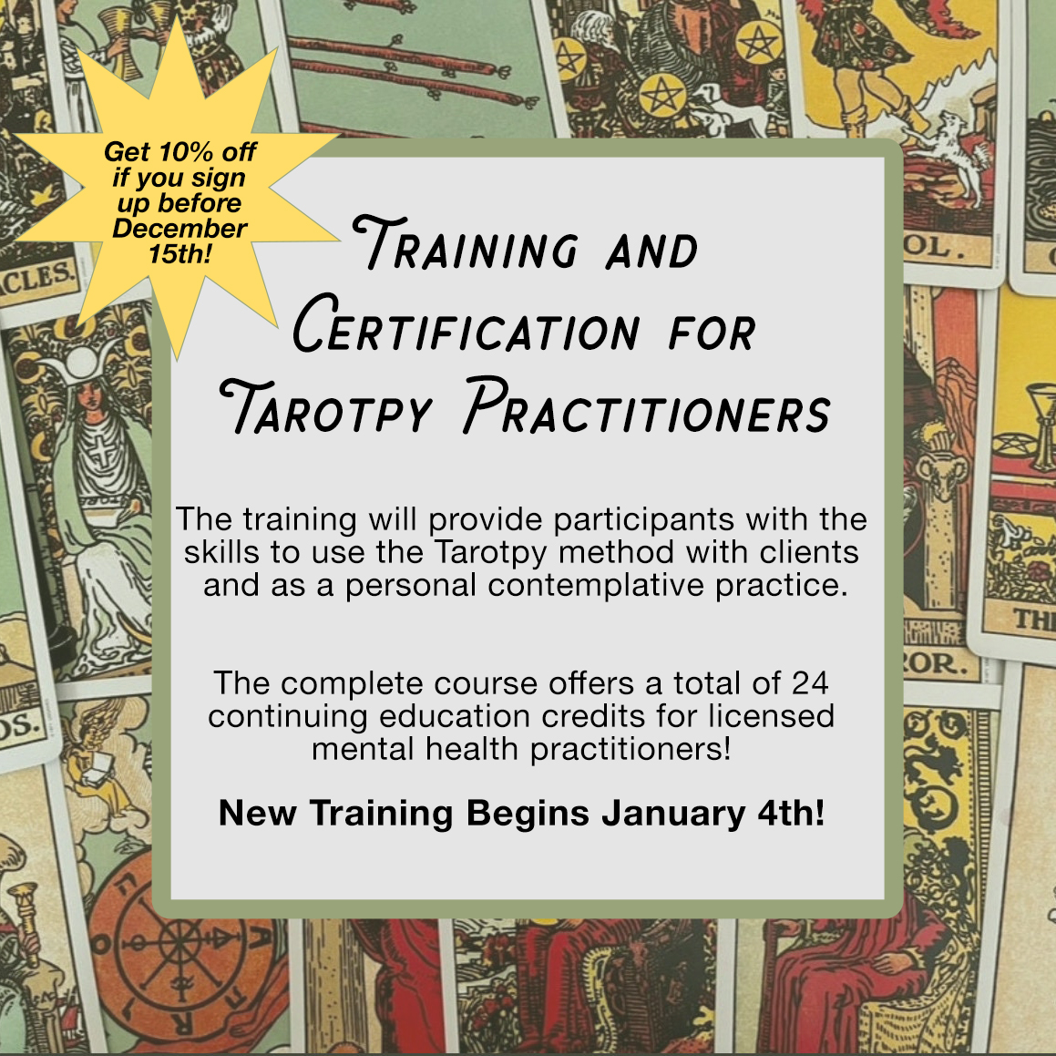 Tarotpy's tweet image. A new Tarotpy Training and Certification course is starting January 4th!   
Learn more: dreamsandtarotpy.com/events