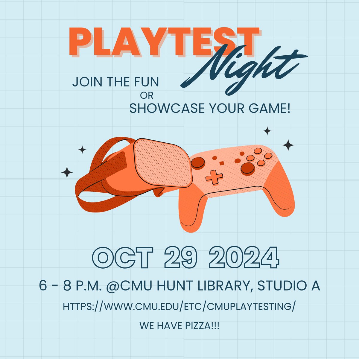 CMUPlaytesting's tweet photo. Heads up everyone! Our next Playtest Night will be held on October 29th! The event will take place from 6:00 - 8:00 p.m. at Hunt Library, Studio A. We have pizza🍕!! If you'd like to play or host a game, please RSVP using the form below:
https://t.co/JWrxE6u2ku https://t.co/Ab9pojbQ0y