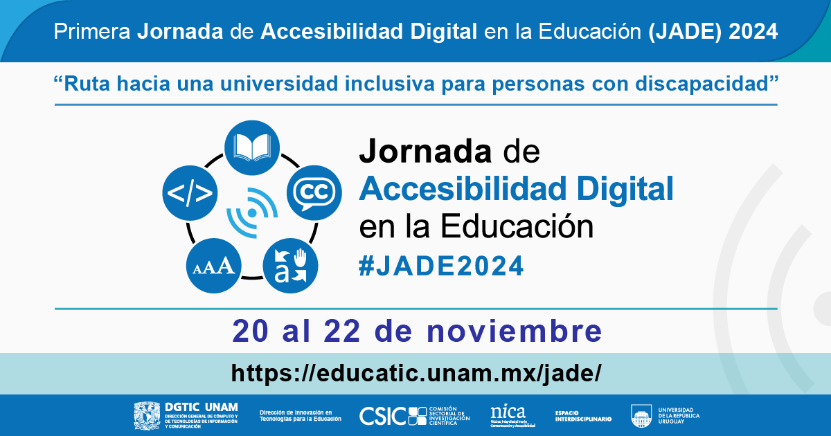 UNAMdigital's tweet photo. ¿Cómo podemos hacer de la universidad un espacio más inclusivo? ♿🌐🚀
¡Sé parte de #JADE2024!
Más detalles 👉🏻 https://t.co/xeEBVV257w https://t.co/fqQPHDAyPg