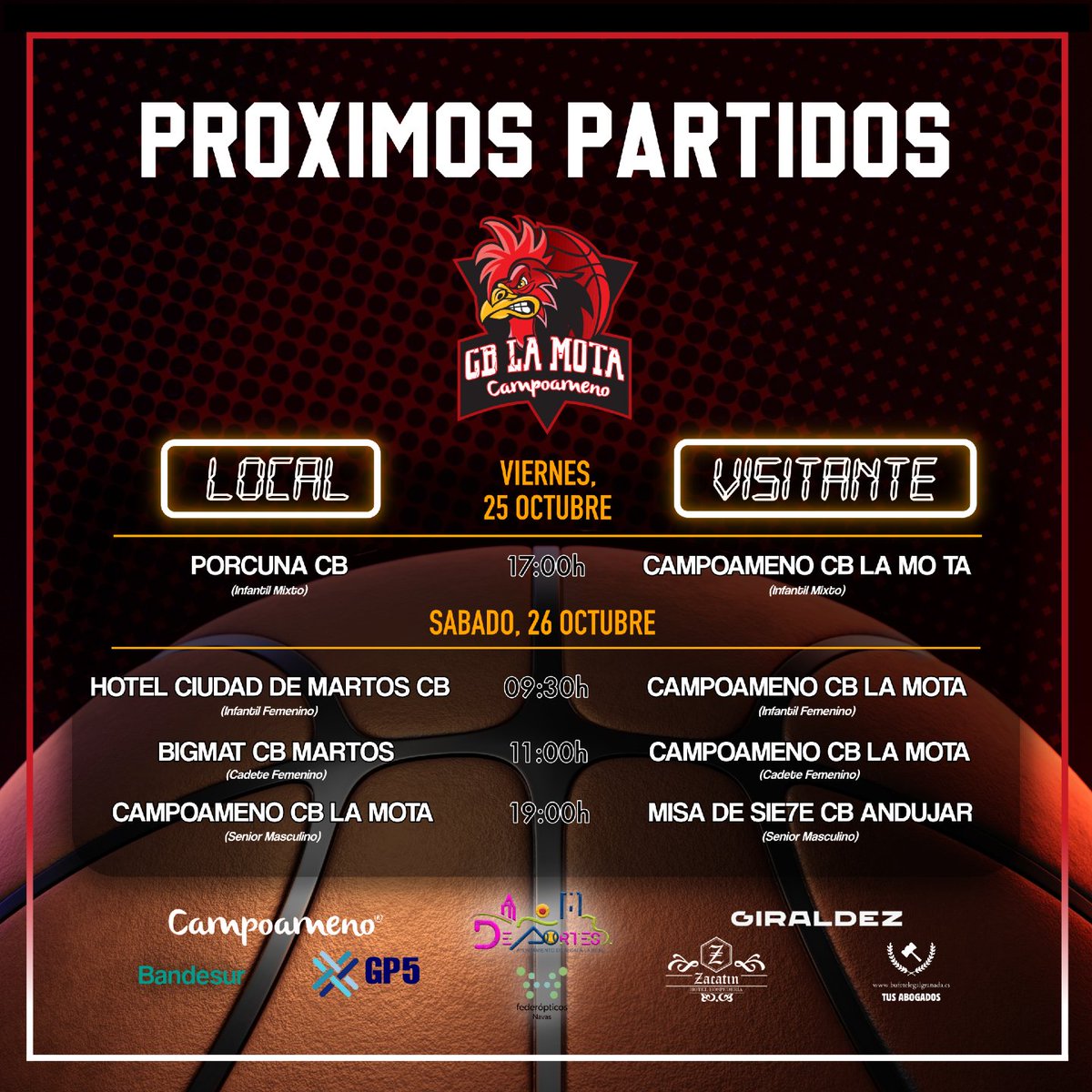 🏀 ¡Este finde toca baloncesto y pura emoción en la cancha! 🔥😎 Nuestros equipos se la juegan tanto en casa como fuera. ¿Listo para ser uno más del equipo? 💪✨ Aquí tienes los 𝗛𝗢𝗥𝗔𝗥𝗜𝗢𝗦 de los partidos ⬇️
.
#cblamota #baloncesto #alcalalareal #basket #jaen #findebasket