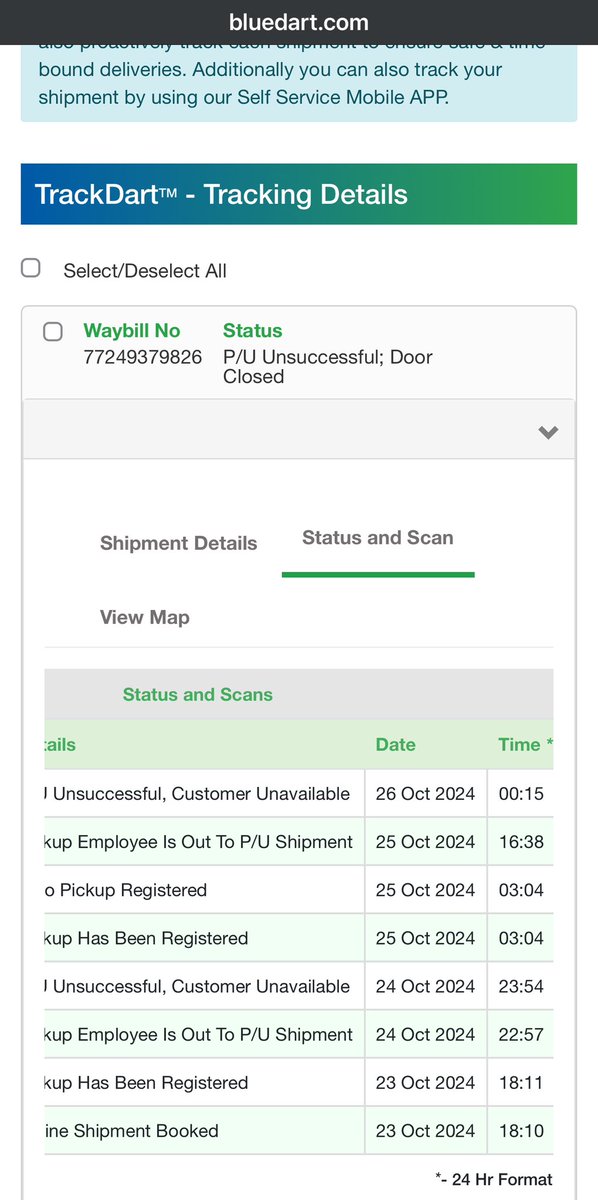 BisakhaRoy1's tweet photo. @hm_custserv @hmindia @hm @BlueDartCares @BlueDart_  
Again false update on site. No pick up person ever attempted any to pick shipment from my door step but they have mentioned as “door closed “ . What should I do now? File a consumer complaint? https://t.co/rwpqgRWmpm