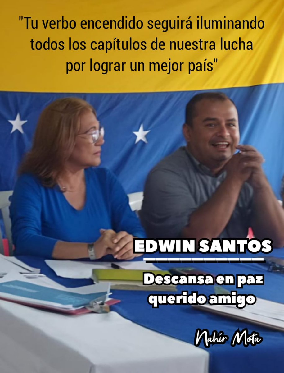 Condenamos enérgicamente el asesinato de nuestro hermano EDWIN SANTOS, un valiente luchador por la justicia y la libertad. Su vida fue arrebatada de manera injusta y cruel, pero su legado y lucha seguirán vivos en cada uno de nosotros <a href="/MariaCorinaYA/">María Corina Machado</a> <a href="/ConVzlaComando/">Comando ConVzla</a> <a href="/EdmundoGU/">Edmundo González</a>