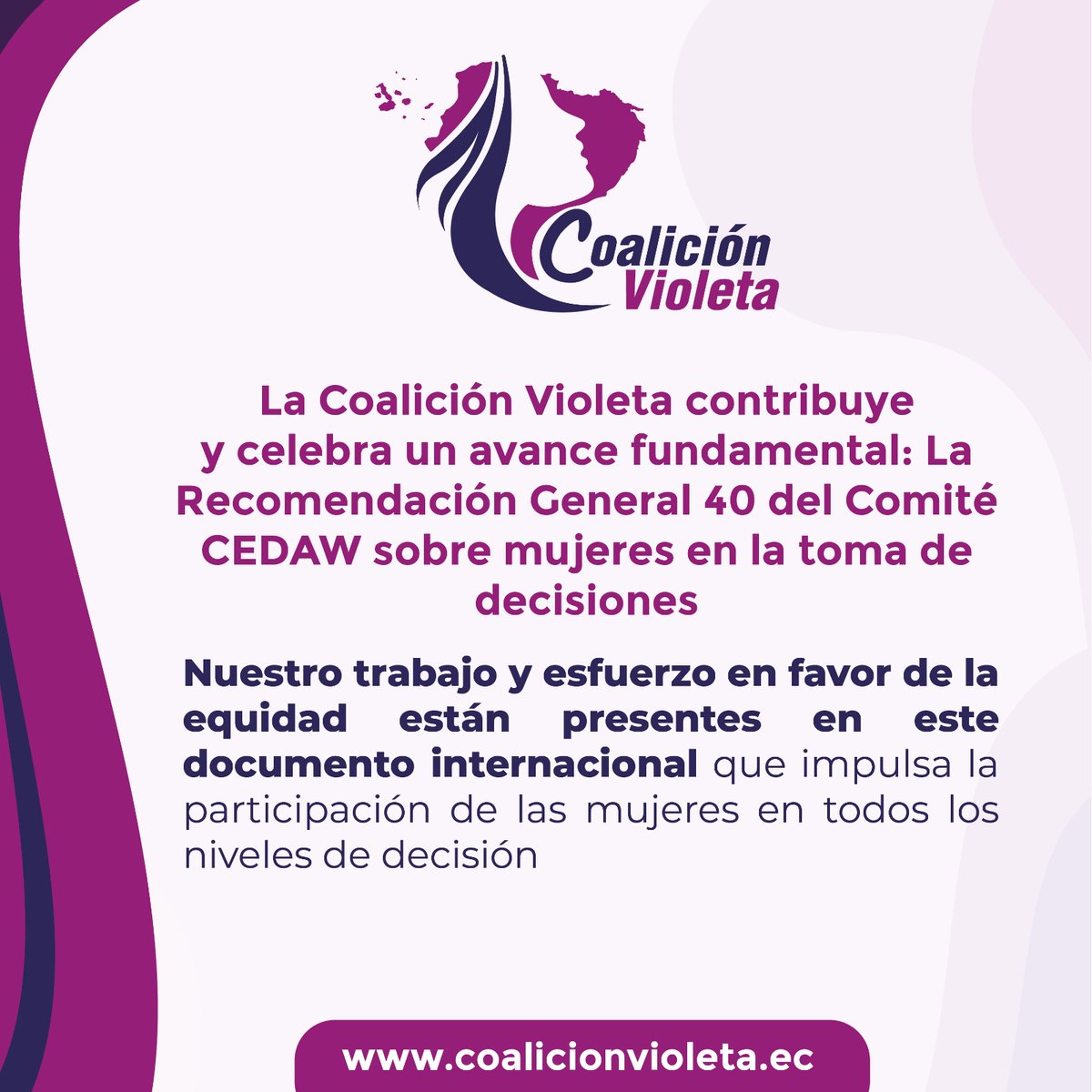 Con mucha alegría, compartimos que la Coalición Violeta estuvo representada en el lanzamiento de la Recomendación General 40 sobre Mujeres en la Toma de Decisiones del Comité CEDAW en Ginebra, Suiza. 🌍✨

#CoalicionVioleta #CEDAW #LiderazgoFemenino