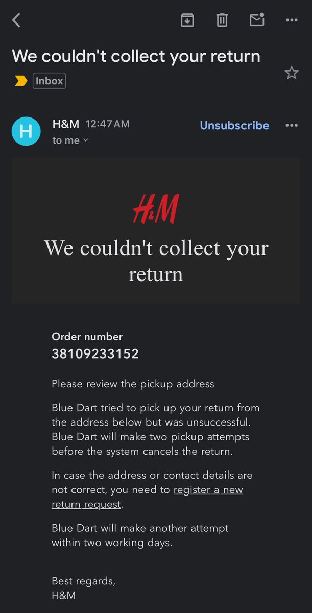 BisakhaRoy1's tweet photo. @hm_custserv @hmindia @hm is asking me to review pick up address. This shows that online order can be delivered to a given address but returns can’t be picked from the same address by the same courier partner• #unethical #fraud #harassment @BlueDartCares @BlueDart_ https://t.co/D377vXL5O5