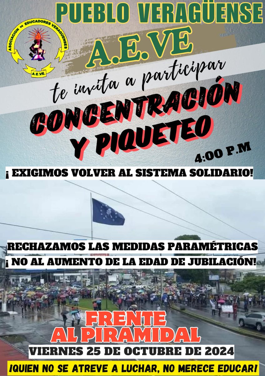 Este viernes 25 de octubre realizaremos una concentración y piqueto.

Lugar frente al Piramidal. 

Hora: 4.00pm 

Es importante sepas sobre la crisis que han creado los actuarios de la CSS y gobiernos. 

Te esperamos.

#AEVEPanamá 

#css