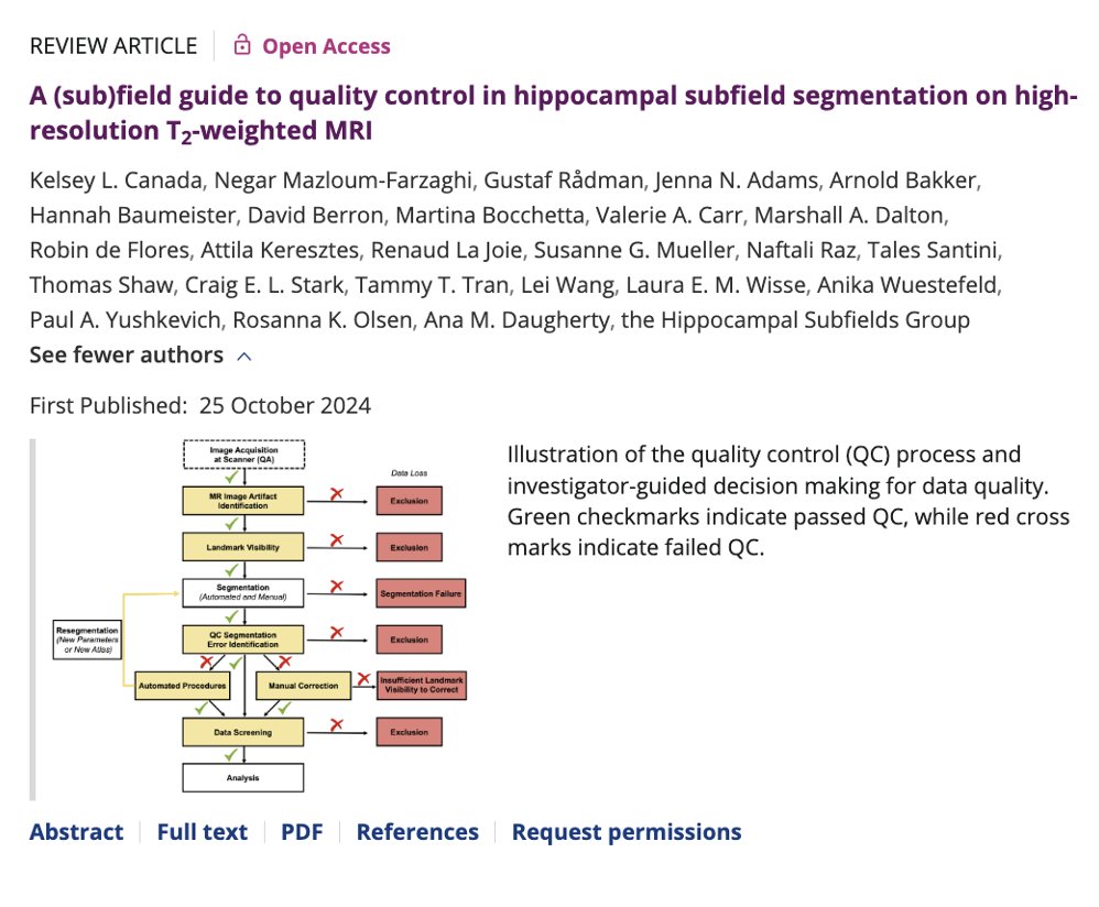 Negar Mazloum (@negar_mazloum) on Twitter photo 2️⃣ Co-led by <a href="/kelseylcanada/">Dr. Kelsey Canada</a> & on behalf of <a href="/hipposubfields/">Hippocampal Subfield Group @hipposubfields on bsky</a>, this paper offers best practices for quality control (QC) in hippocampal subfield segmentation. We share recommendations on error correction, discuss threats to segmentation accuracy, and suggest reporting guidelines. 2️⃣ Co-led by <a href="/kelseylcanada/">Dr. Kelsey Canada</a> & on behalf of <a href="/hipposubfields/">Hippocampal Subfield Group @hipposubfields on bsky</a>, this paper offers best practices for quality control (QC) in hippocampal subfield segmentation. We share recommendations on error correction, discuss threats to segmentation accuracy, and suggest reporting guidelines.