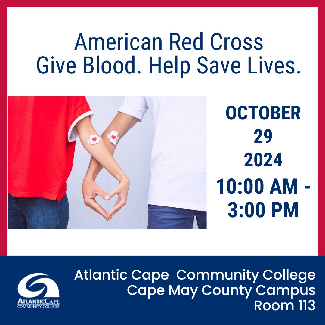 atlanticcape's tweet photo. There's still time to donate blood! Visit our Atlantic Cape-Cape May County Campus on Oct. 29, from 10 am-3 pm. Appointments are needed. RSVP for the Red Cross Blood Drive at https://t.co/Uq8afam5Xs. Use sponsor code: CMCH

#donateblood #savelives #giveblood #redcross @redcross https://t.co/hpbxawxtTG