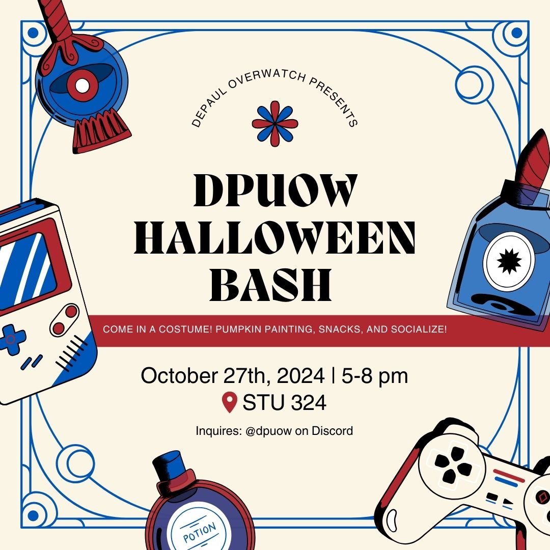 🎃Join us for the DPUOW Halloween Bash! Get ready for pumpkin painting, snacks, and chilling with your teammates. Dress up in a costume and embrace the Halloween spirit🎨🍬🕸️ See you on 10/27 from 5-8pm in STU 324! 

#DePaulOverwatch #SpookySeason #PumpkinPainting #HalloweenFun
