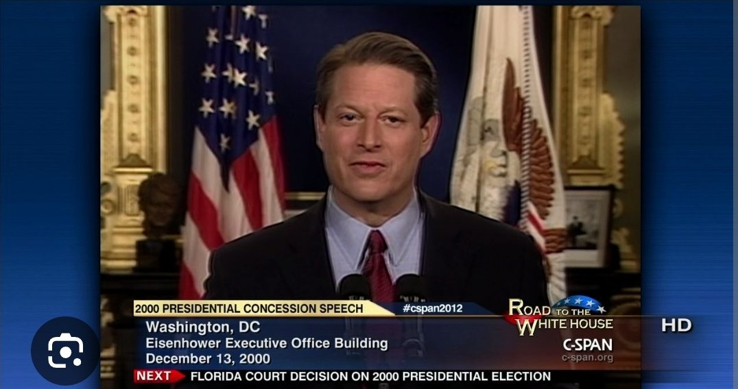 eliabt's tweet photo. "This is #America, and we put country before party." Al Gore.

In the 2000 #Bush v. #Gore decision, five of the nine U.S. Supreme Court justices who had been appointed by Republican presidents, ruled in favor of stopping the recount, and effectively declared the republican nominee Pres. George Bush as President. 

After the U.S. Supreme Court ruled against him in the case of Bush v. Gore, on December 12, 2000, Al Gore delivered a concession speech. In his address, he emphasized unity and respect for the decision, despite his personal disappointment. Gore acknowledged the court’s ruling and encouraged Americans to support then-President-elect George W. Bush, stating, 
"I accept the finality of this outcome," and underscored the importance of upholding democracy and the rule of law, even in challenging times. He concluded with a call for national unity, saying, 

"This is #America, and we put country before party." 
#Harris #Trump #electionresult2024
#USElection2024