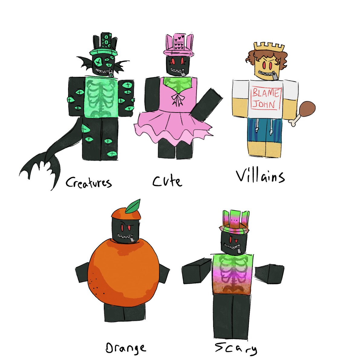 infectedscreen's tweet image. 1x1x1x1 in each of the costume contest categories #robloxart #robloxhaunt