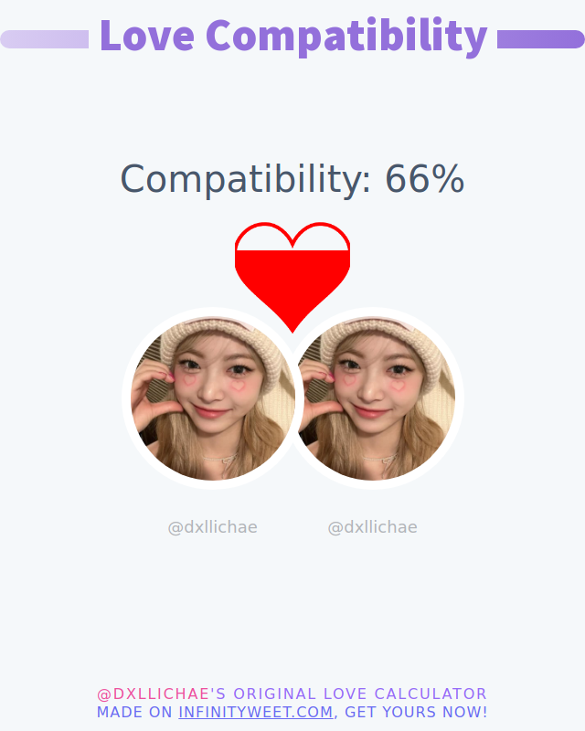 My love compatibility with @dxllichae is 66%

➡️ infinityweet.me/love-calculator