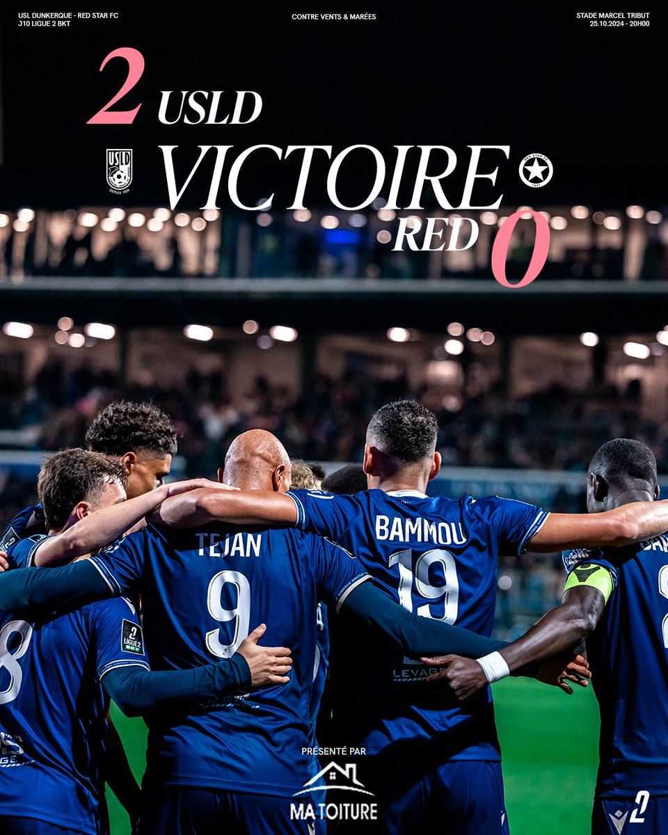 usldunkerque's tweet photo. 𝐕𝐈𝐂𝐓𝐎𝐈𝐑𝐄

Des Maritimes percutants et triomphants ce soir ! Dans un Stade Tribut plein, les “Bleu et Blanc” confirment leur très bonne dynamique de ce début de saison ! 

Opa Sangante et Naatan Skyttä sont nos deux buteurs de cette 10ème journée !

⏱️ 90+4' | 2-0 #USLDRED https://t.co/MwDUwE1qVj