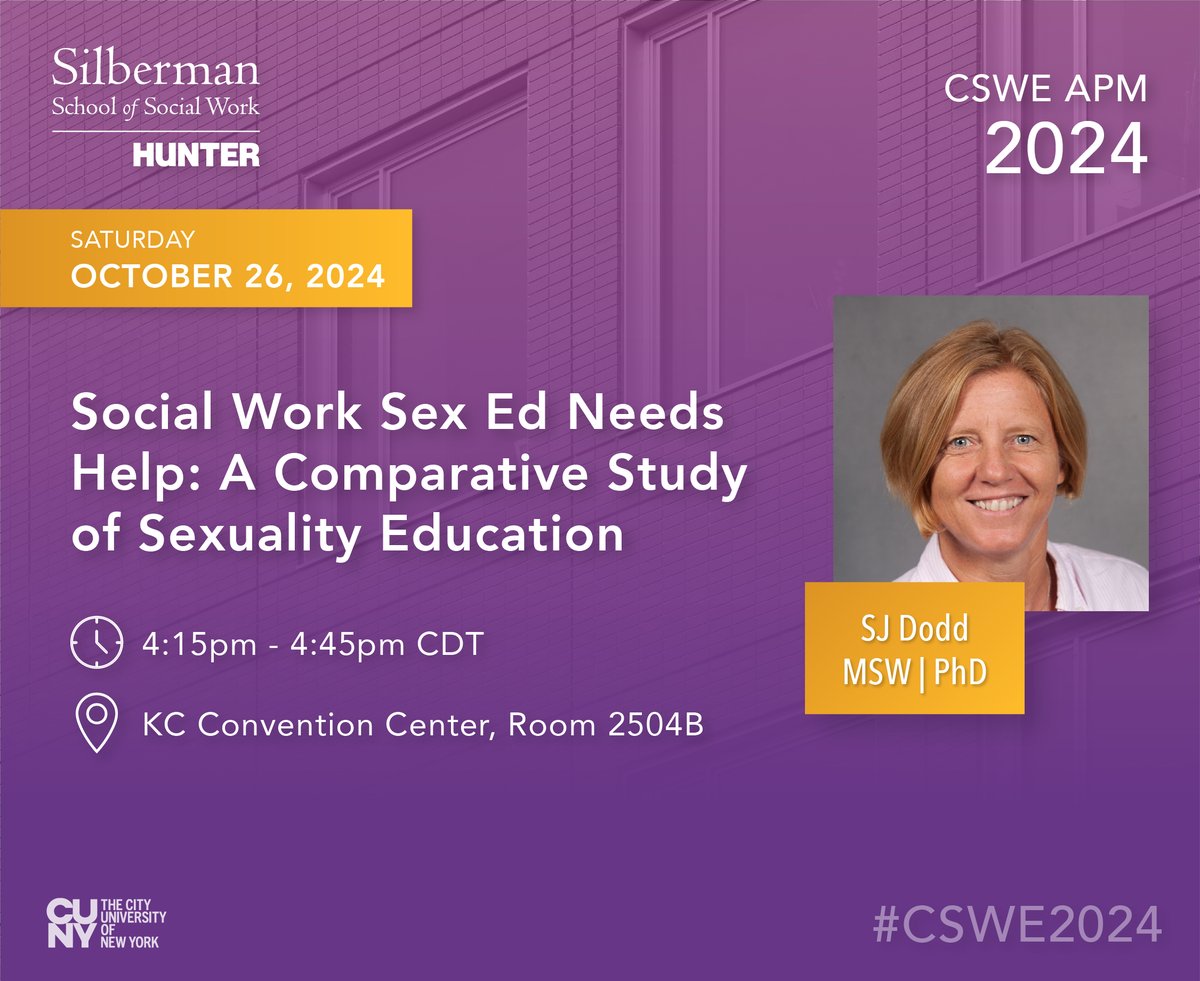 silbermanssw's tweet image. If you are at CSWE APM, join professor SJ Dodd in Room 2504B at 4:15pm CDT for “Social Work Sex Ed Needs Help: A Comparative Study of Sexuality Education&quot; 

#cswe2024 #cswe24 #apm24 #apm2024 #csweapm #oneCSWE #socialwork #socialworkeducation #socialwork #silbermanssw