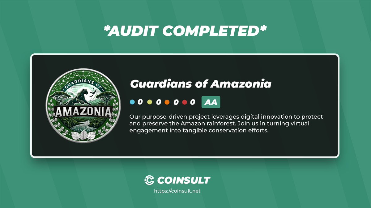 CoinsultAudits's tweet image. 🔒 GOA BASE CONTRACT AUDIT COMPLETED 

🎁 GIVEAWAY: $40 

1⃣ Follow @GuardofAmazonia &amp;amp; @CoinsultAudits 
2⃣ Like, RT and place a comment 
3⃣ Visit their site 👇
guardiansofamazonia.org/?utm_source=Co…

🚀As part of this journey, GOA has officially joined the Base Network, forging a strong…