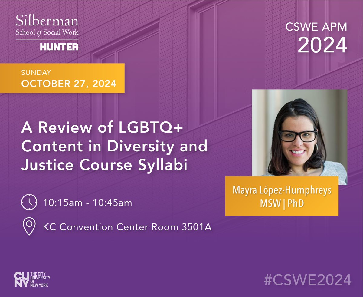 silbermanssw's tweet image. If you are at CSWE APM, join professor Mayra Lopez-Humphreys in Room 3501A at 10:15am CDT for “A Review of LGBTQ+ Content in Diversity and Justice Course Syllabi&quot; 

#cswe2024 #cswe24 #apm24 #apm2024 #csweapm #oneCSWE #socialwork #socialworkeducation #socialwork #silbermanssw