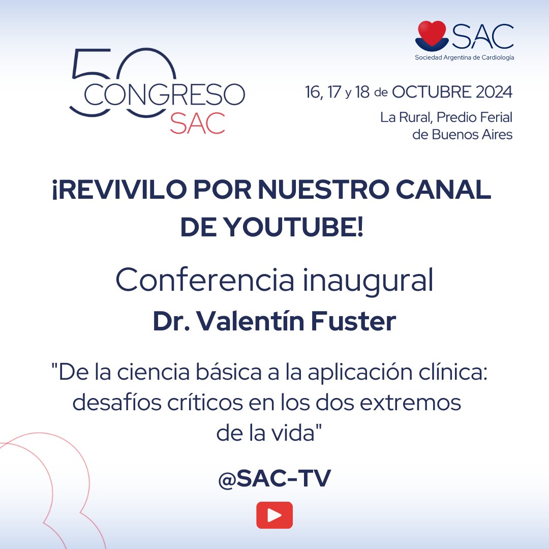 SAC_54's tweet image. 🔵50° Congreso #SAC 24 👉¡Revivilo por nuestro canal de YouTube!

📣Accedé a la conferencia del Dr. Valentín Fuster 🔺”De la ciencia básica a la aplicación clínica: desafíos críticos en los dos extremos de la vida”

👉🔗 youtu.be/hWH_0htsaZw