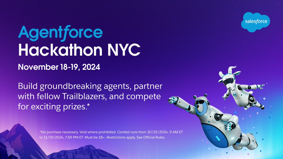 🗽 Start spreading the news! Join us for an epic Agentforce Hackathon before #AgentforceTour NYC.    

Work with fellow Trailblazers to learn, build, + show off what can be #BuiltWithAgentforce while competing for sweet prizes. Terms apply. Register here: sforce.co/40jtPkL