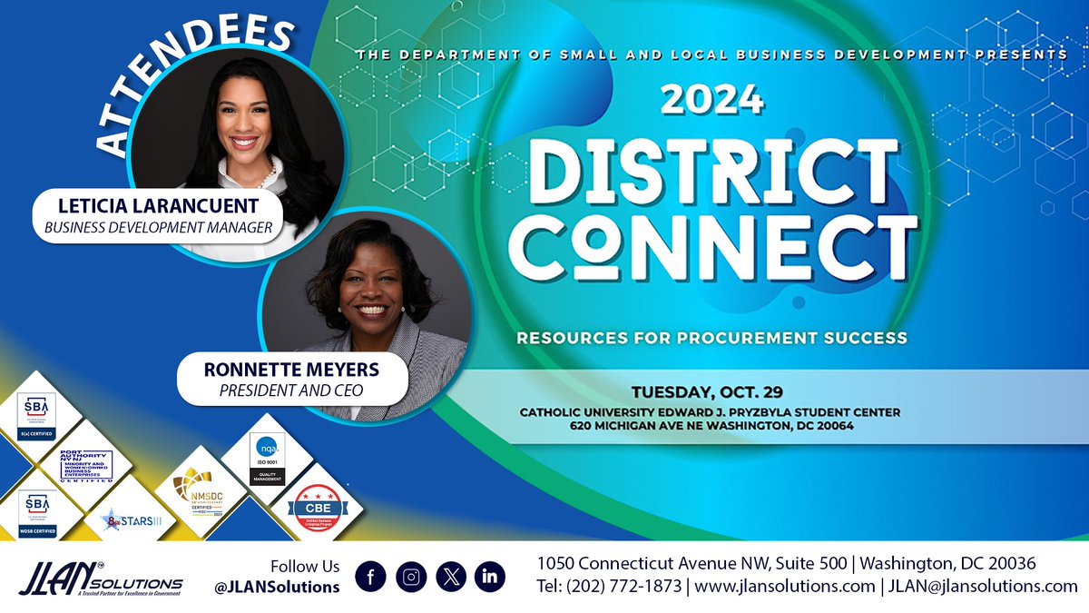 JLANSolutions's tweet image. Looking forward to @SmallBizDC #DistrictConnect 2024 on October 29th at @CatholicUniv. Great opportunity to network with government officials and primes, engage with decision makers, build relationships, and access contracting opportunities.

eventbrite.com/e/dslbd-presen…
#SmallBizDC