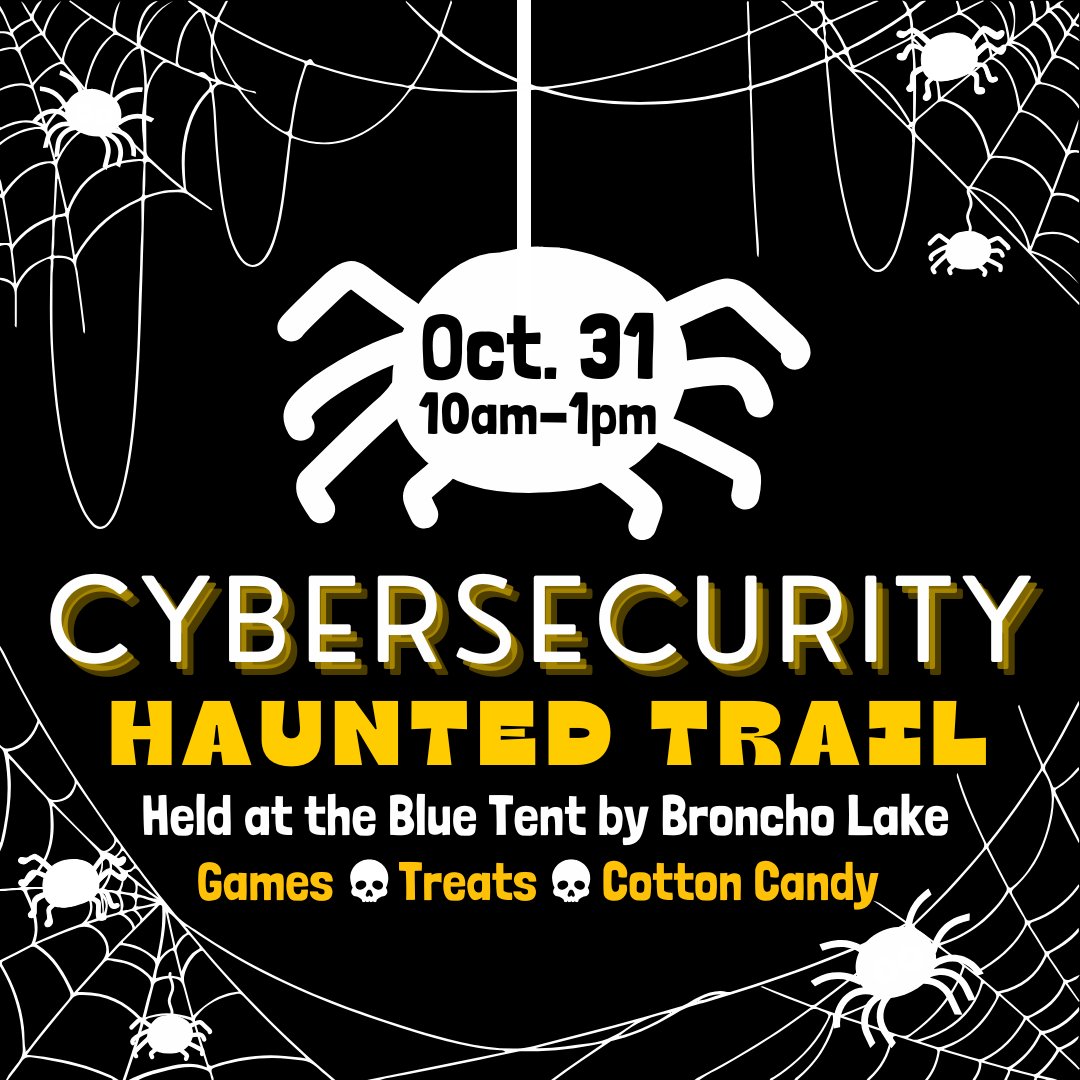 Don't miss out on the one and only Cybersecurity HAUNTED TRAIL, held on Halloween (Thursday, Oct. 31) from 10am-1pm at the Blue Tent by Broncho Lake! 👻🎃

#UCO #OIT #Halloween #CybersecurityAwarenessMonth #2024 #TrickorTreat