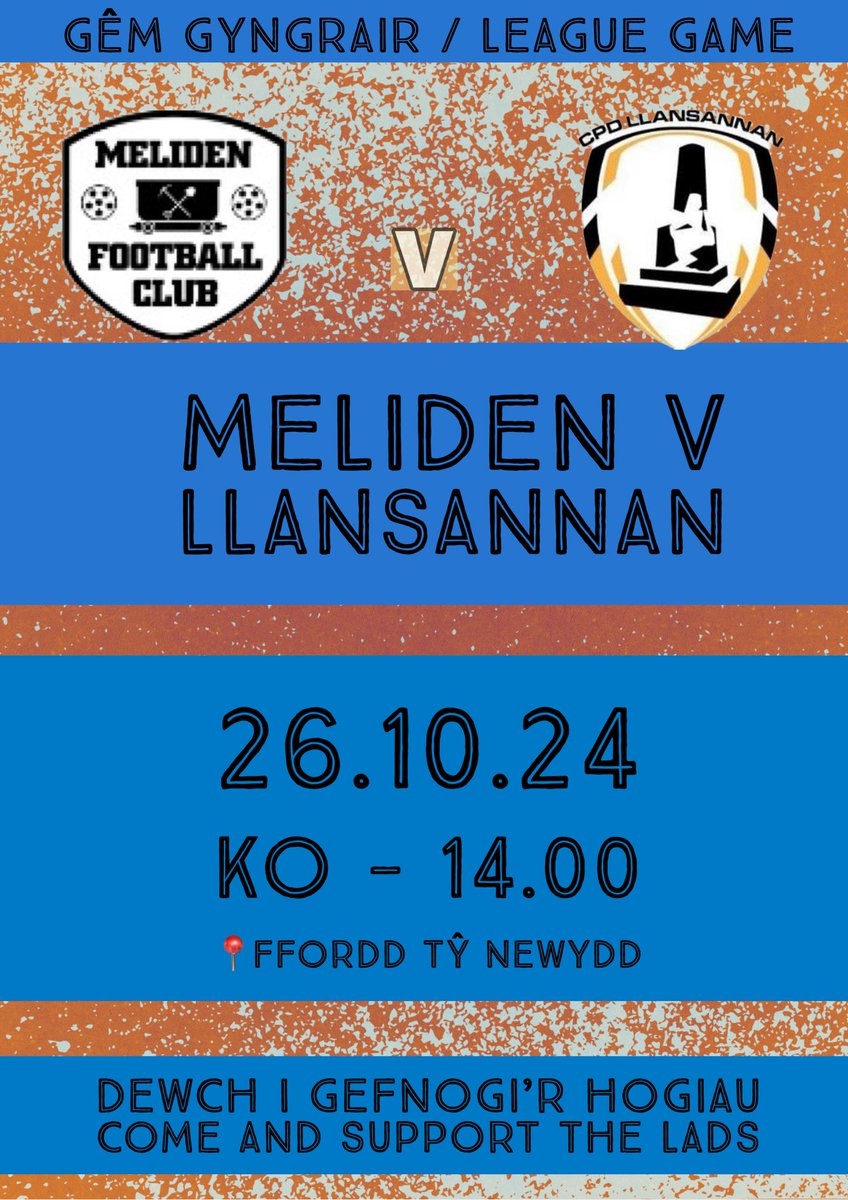 Oddi Cartref fory yng Ngallt Melyd. Dewch i gefnogi’r hogiau. 

Away tomorrow against Meliden Football Club. Come and support the lads.