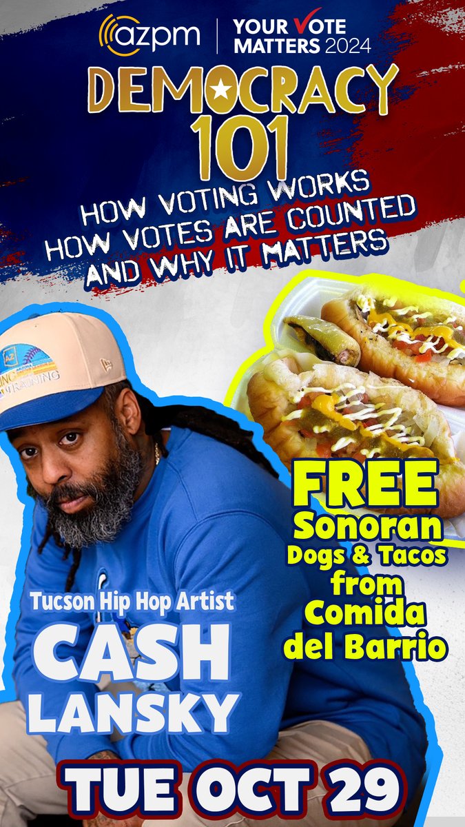 azpublicmedia's tweet image. Don’t miss this FREE opportunity to engage with your community and get the facts before casting your vote in this election!

Enjoy FREE Street Tacos and Sonoran Dogs from Comida del Barrio &amp;amp; live music by Hip Hop Artist @Cashlansky!  

RSVP: eventbrite.com/e/your-vote-ma…