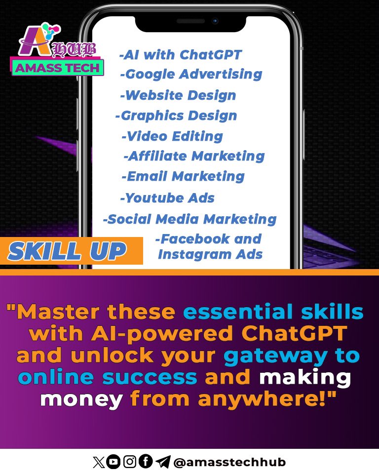 amasstechhub's tweet image. Your Gateway to Online Success! 🚀
🔑 It’s all about learning, growing, and succeeding! Dive into these skills and unlock the potential of digital mastery. 🌟 Start today, and let the journey to online success begin!
#SkillUp #Amasstechhub #amasstechgh #ai #graphicsdesign