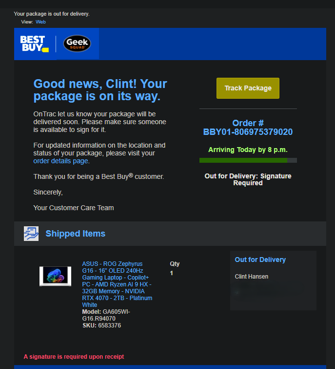 Coinc's tweet photo. Been over a week of a genuinely frustrating customer experience with @BestBuy and @OnTrac_Shipping. I ordered a laptop on Tuesday, 10/15. Never got it. I was told many times a signature would be required for the delivery. https://t.co/mMzpnIVGpo