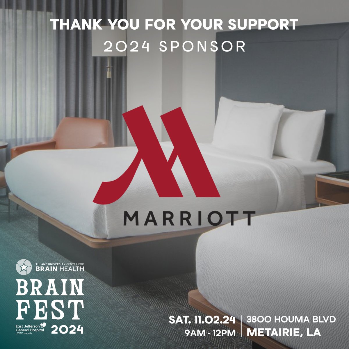tulanecbh's tweet photo. Thank you for supporting our Veterans and sponsoring the inaugural Brain Fest, @Marriott! 🌟

Learn more ➡️ https://t.co/hFg4XUIkzI

🧠 BRAIN FEST 2024
🗓️ Saturday, November 2, 2024
🕘 9AM - 12PM
📍 TUCBH [ 3800 Houma Blvd., Metairie, LA ] https://t.co/VaoOhU3vN8