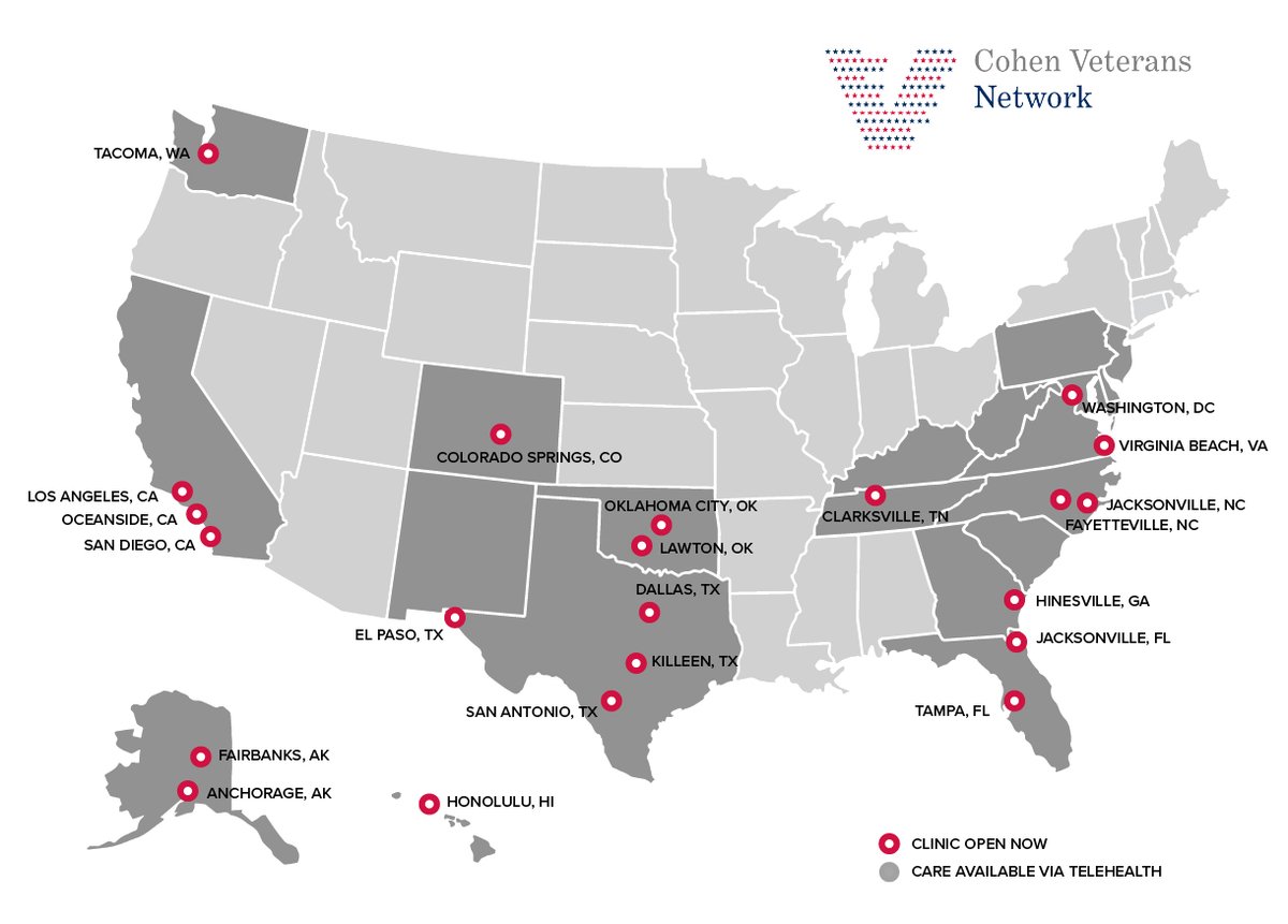 Our network of Cohen Clinics provides veteran and military mental health care across 20 states. Reach out to a Cohen Clinic for guidance and support tailored to your needs. Appointments are available in person and through telehealth. Find a clinic at cohenveteransnetwork.org/clinics