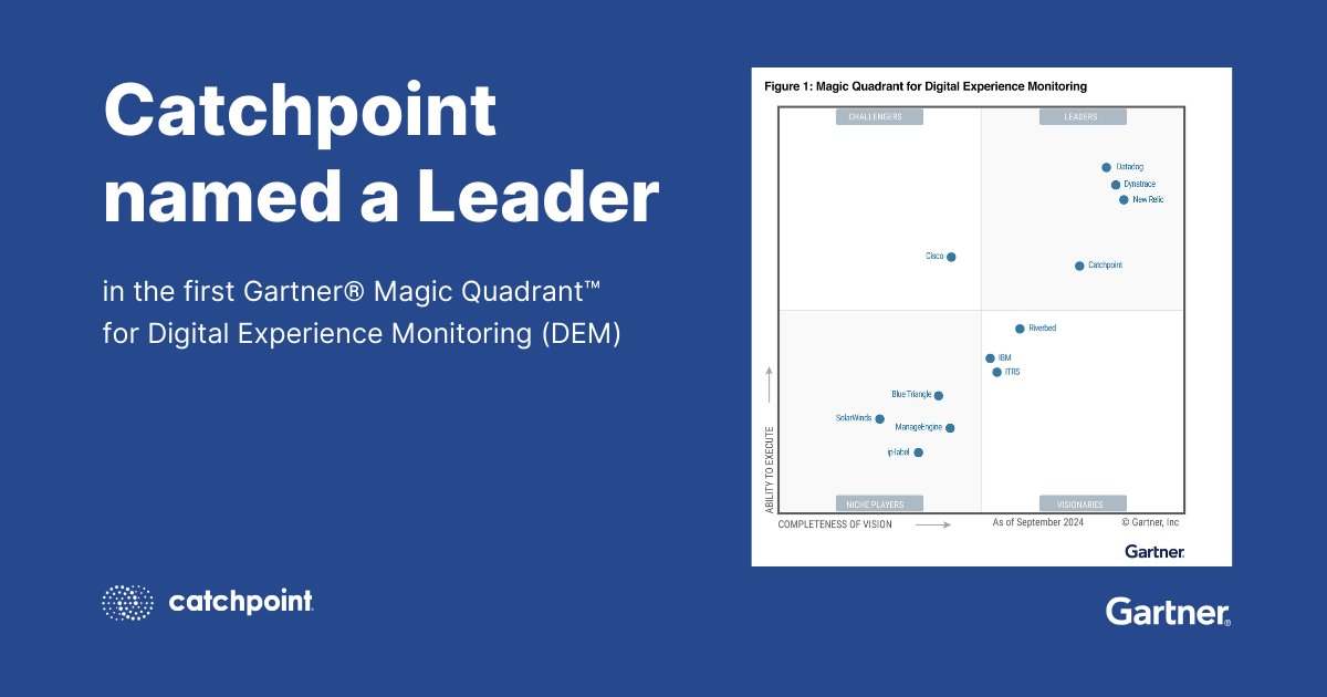 Catchpoint's tweet image. Catchpoint has been named a Leader in the first-ever Gartner® Magic Quadrant™ for Digital Experience Monitoring (DEM)! 🎉  

Discover the reasons behind why we received this recognition: bit.ly/3BSdzgv  

#DigitalExperienceMonitoring #Gartner #MagicQuadrant