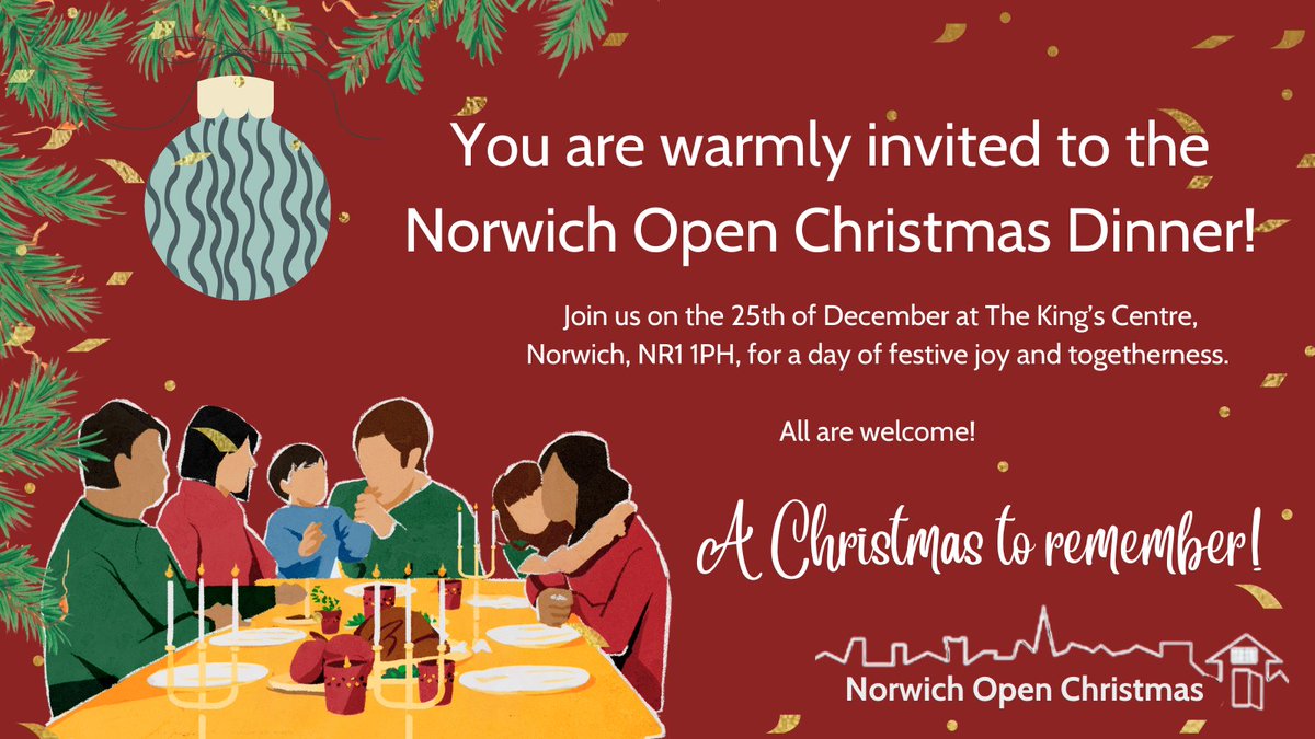 Spread the word, all are welcome to join us for Norwich Open Christmas 2024 

We'll be at The King's Centre in Norwich from 11am to 5pm on 25 December - come and have a day of festive joy with us! The event is completely free and open to anyone
