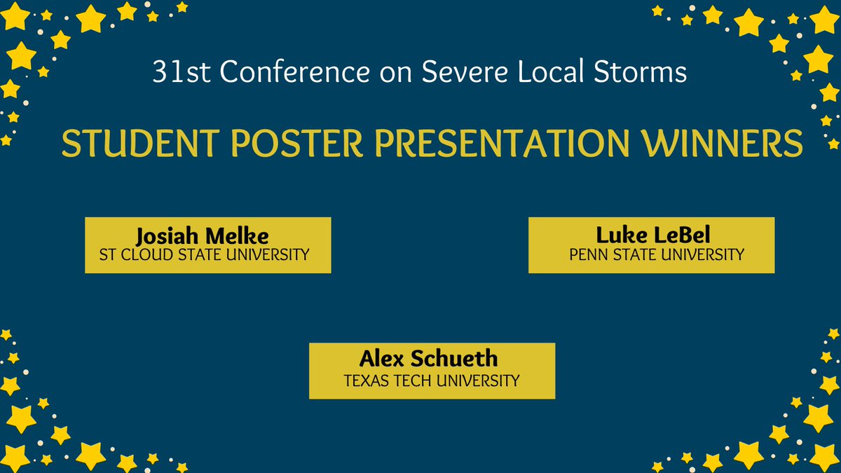 AMS Committee on Severe Local Storms (@amsseverestorms) on Twitter photo And the top poster presentations by <a href="/JJMelkeWX/">Josiah Melke</a>, <a href="/ASchueth/">Alex Schueth</a> and <a href="/LebelLuke/">Luke LeBel</a>! Congrats to all our #31SLS student presentations award winners! ๐ฅณ And the top poster presentations by <a href="/JJMelkeWX/">Josiah Melke</a>, <a href="/ASchueth/">Alex Schueth</a> and <a href="/LebelLuke/">Luke LeBel</a>! Congrats to all our #31SLS student presentations award winners! ๐ฅณ
