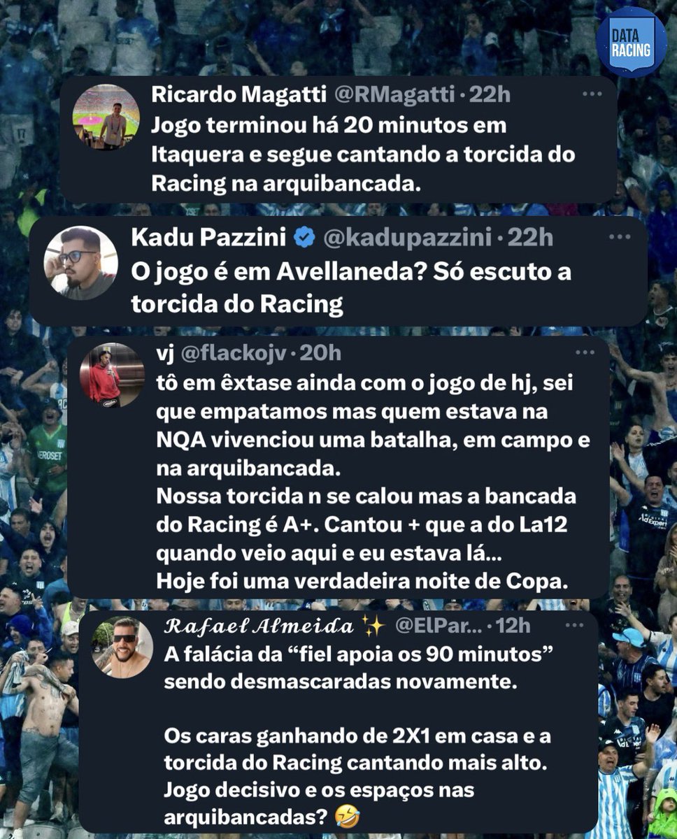 "CANTABAN MÁS QUE LA 12": EL PÚBLICO BRASILERO, IMPACTADO CON LA GENTE DE RACING 🤯💣

👉🏻 Hinchas de Corinthians y periodistas del país vecino destacaron a la hinchada académica.

✍🏻 "¿El juego fue en Avellaneda? Solo escucho a los hinchas de Racing"; "El partido terminó hace 20