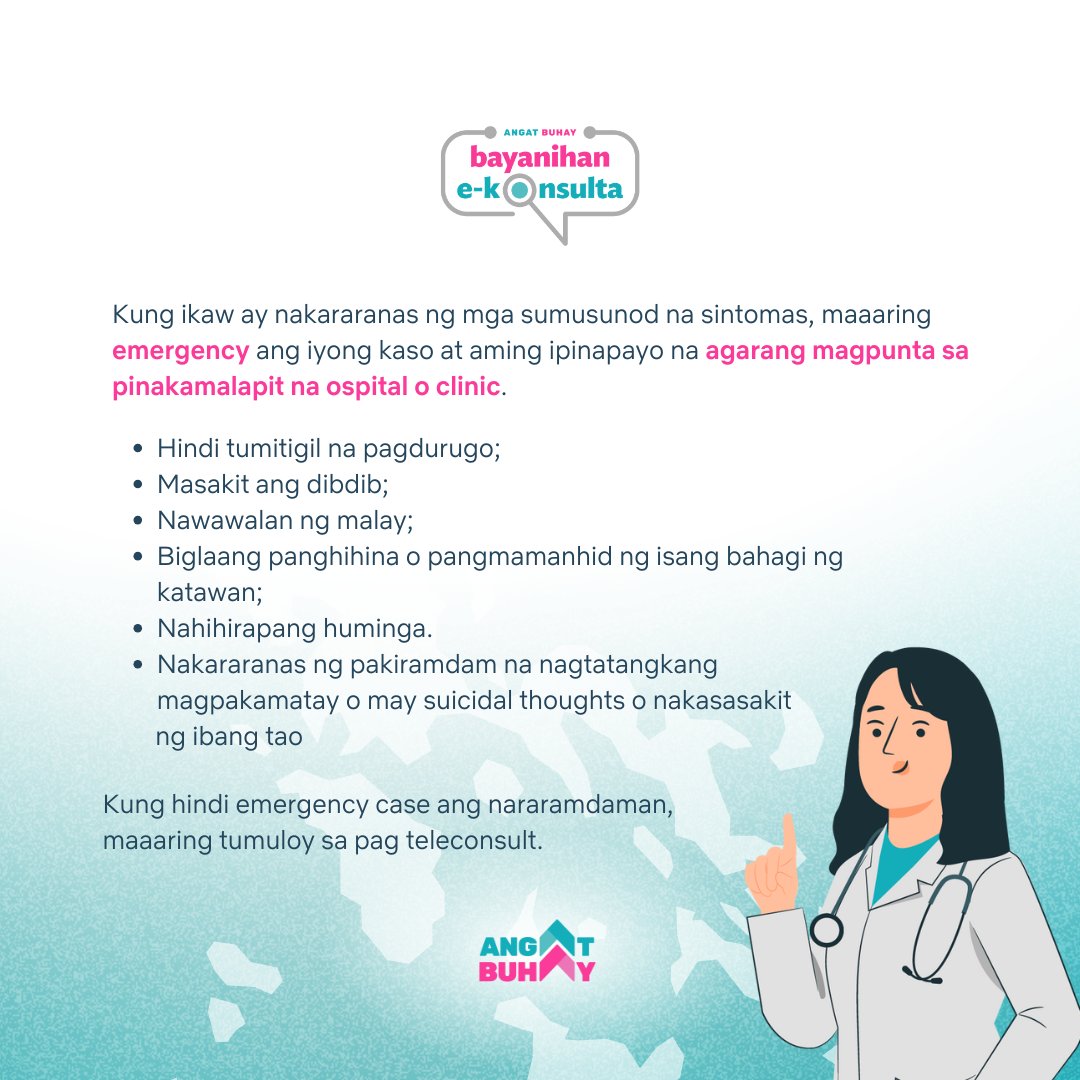 Muli nating binubuksan ang Bayanihan E-Konsulta para sa mga general medical cases, kasama ang pagpapakonsulta para sa leptospirosis prophylaxis.    Kung ikaw ay nababad at lumusong sa baha, maaari kang magpakonsulta.