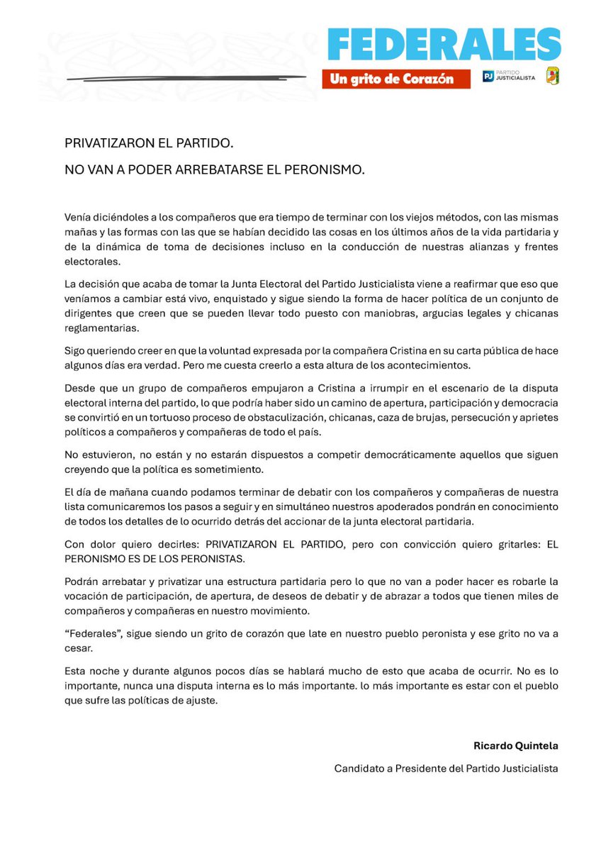 PRIVATIZARON EL PARTIDO.
 NO VAN A PODER ARREBATARSE EL PERONISMO.