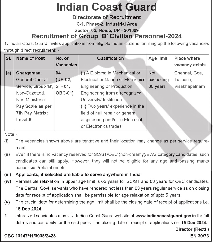 Employ_News's tweet photo. 🌊  🚢
#IndianCoastGuard is hiring for the post of #Chargeman (Pay Level 6)! If you hold a #Diploma in #Marine, #Mechanical, #Electrical, #Electronics, or #Production #Engineering, this is your chance! 👩‍🔧👨‍🔧

🗓️ Apply by: 15 Dec 2024 https://t.co/k2JCa9a6AF