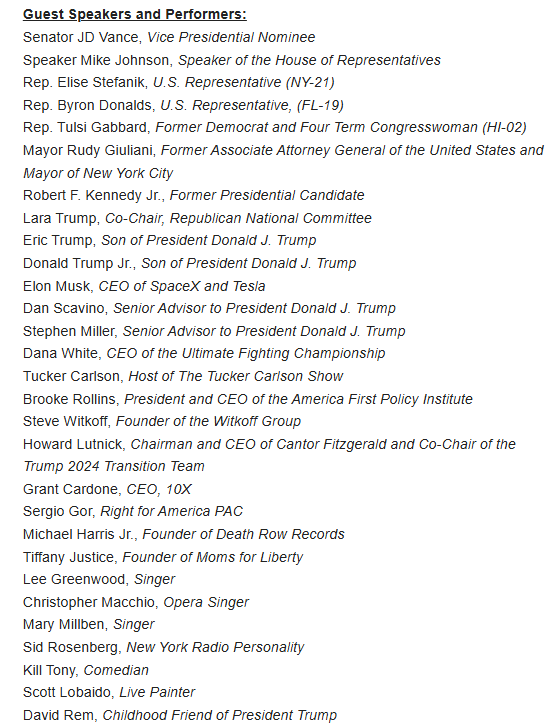 EricLDaugh's tweet image. 🚨 BREAKING: The full list of speakers for Donald Trump's Madison Square Garden, New York rally has been announced.

RFK Jr., @ElonMusk, Dana White, Tucker Carlson, @ByronDonalds, @EricTrump, @DonaldJTrumpJr and others.