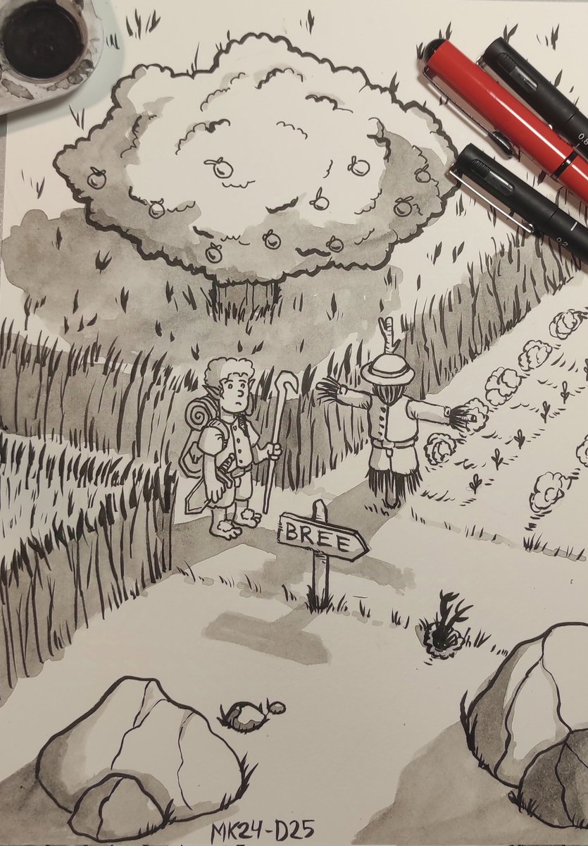 markusfreaker's tweet photo. Día 25, espantapájaros. Ir más lejos. #inktober2024 #scarecrow #hobbit #tree #nature #bree #shire #crops #travel  #path #solitude #savage #ink #bnw #adventure #rpg #drawing https://t.co/TmTJu7u5wv